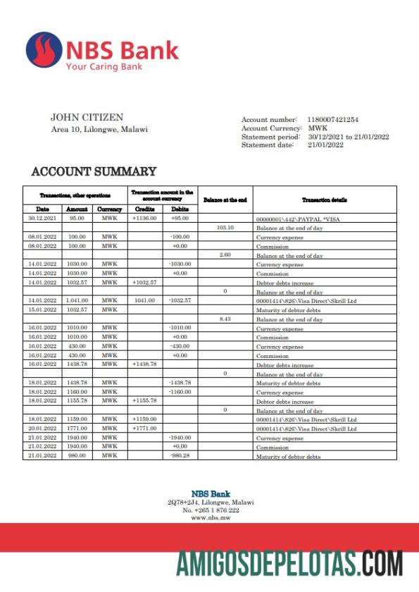 Modelo de extrato bancário NBS do Malawi